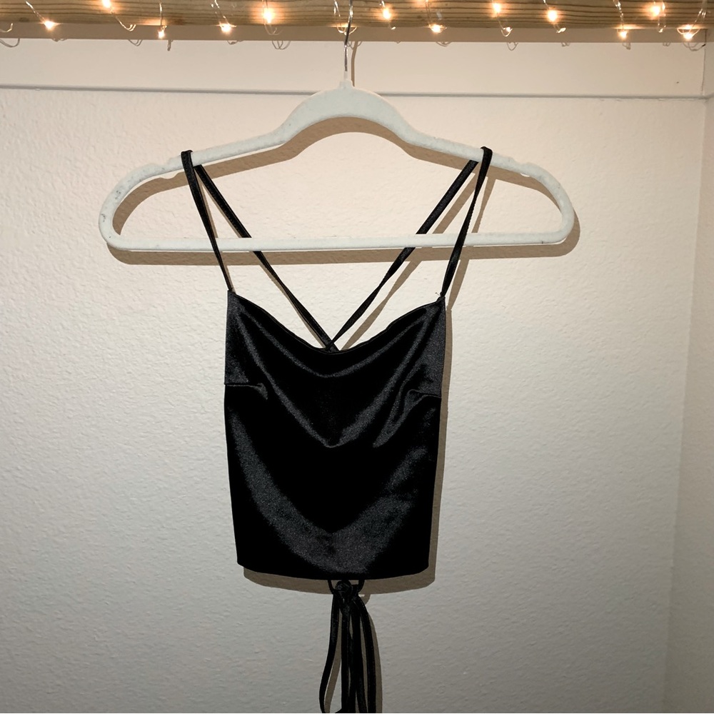 xs black satin lace up crop top